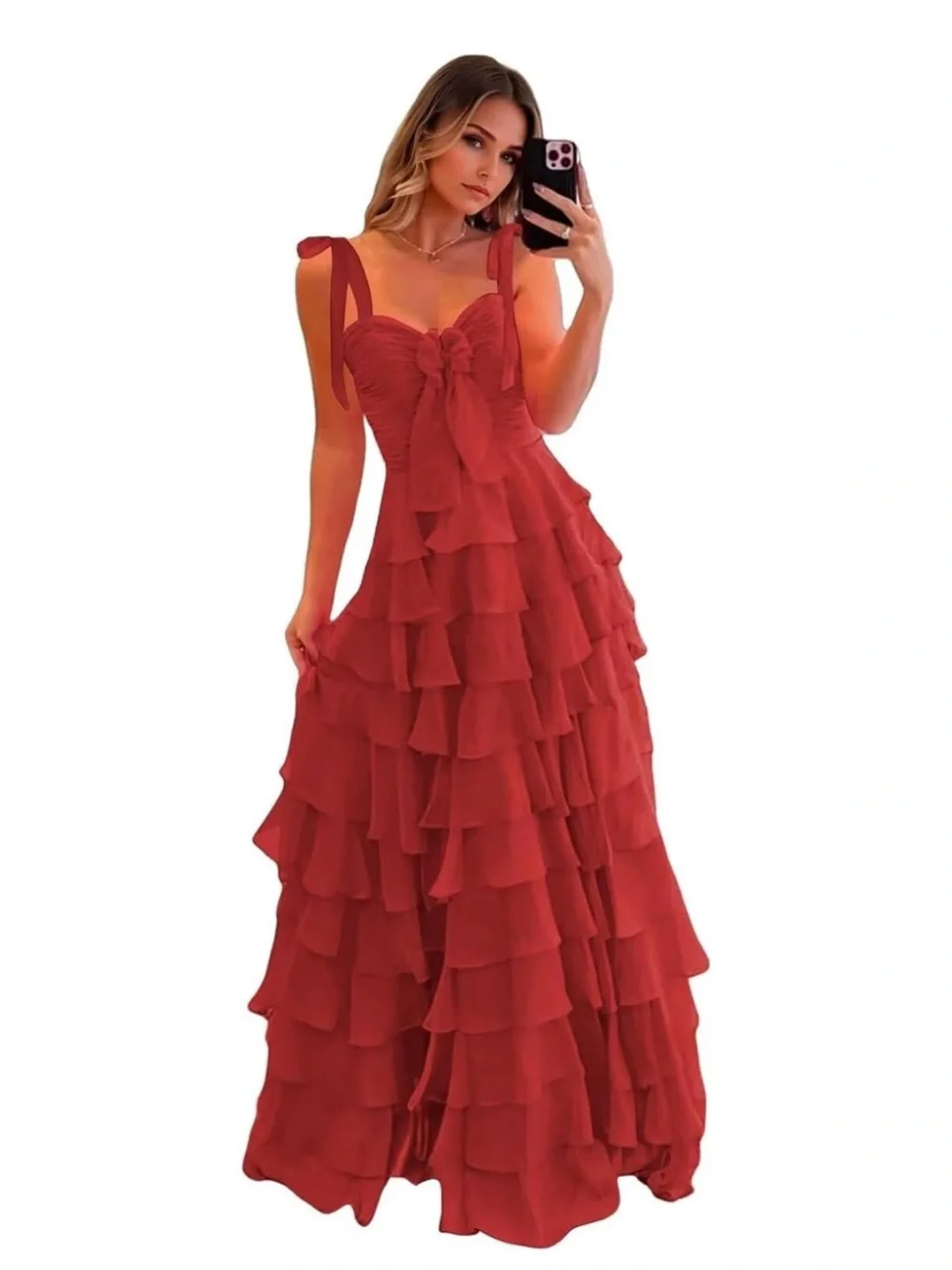 Women's Ruffle Chiffon Prom Dresses Strapless Tiered Formal Gown with Slit - Picture 6 of 6